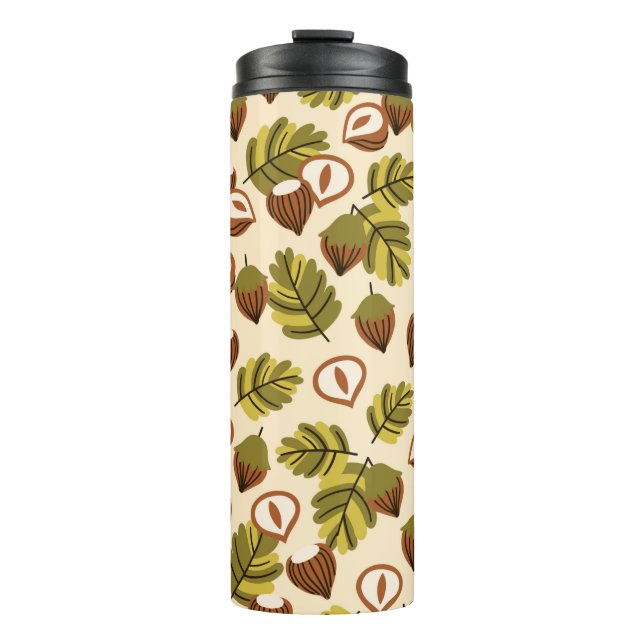 Seamless pattern with hazelnut leaves and acorns. thermal tumbler (Front)