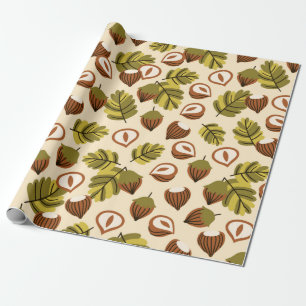 Seamless pattern with hazelnut leaves and acorns. wrapping paper