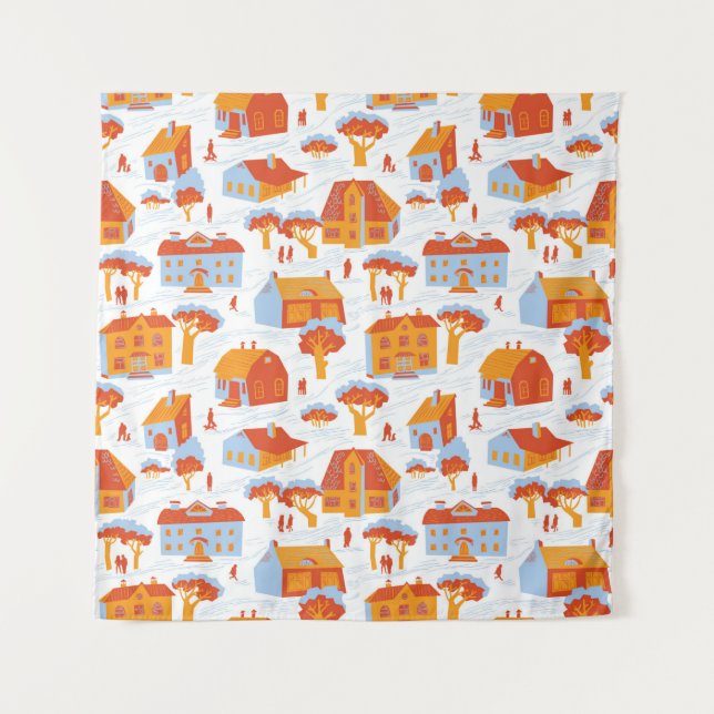 Seamless pattern with houses. Cute town Architectu Tapestry (Front)