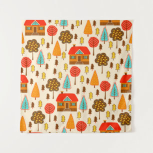 Seamless pattern with houses in the forest. Vintag Tapestry