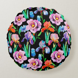 Seamless pattern with Iris and Peony flowers, Wate Round Cushion