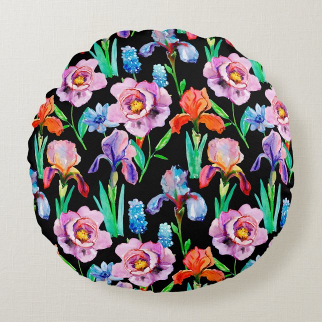 Seamless pattern with Iris and Peony flowers, Wate Round Cushion (Front)