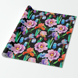 Seamless pattern with Iris and Peony flowers, Wate Wrapping Paper