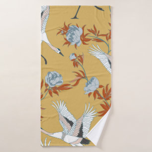 Seamless pattern with Japanese white cranes and pe Bath Towel