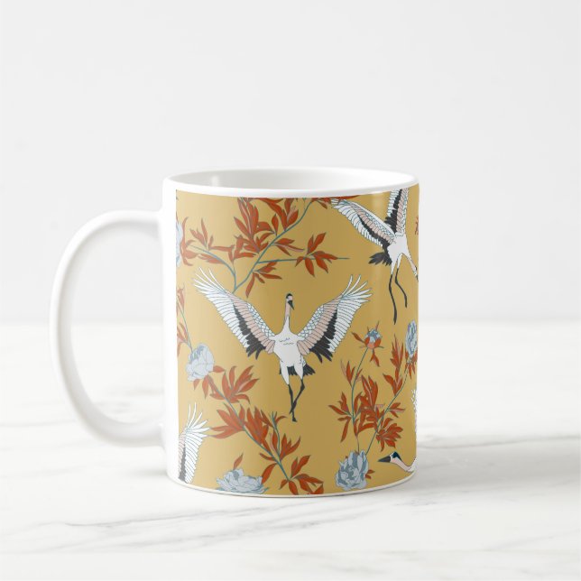 Seamless pattern with Japanese white cranes and pe Coffee Mug (Left)