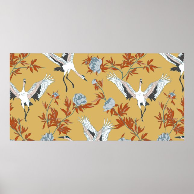 Seamless pattern with Japanese white cranes and pe Poster (Front)