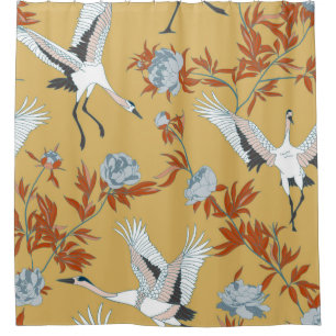 Seamless pattern with Japanese white cranes and pe Shower Curtain