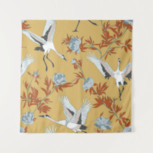 Seamless pattern with Japanese white cranes and pe Tapestry