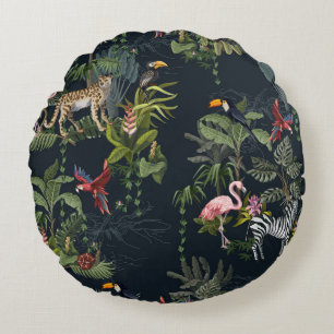 Seamless pattern with jungle animals, flowers and  round cushion