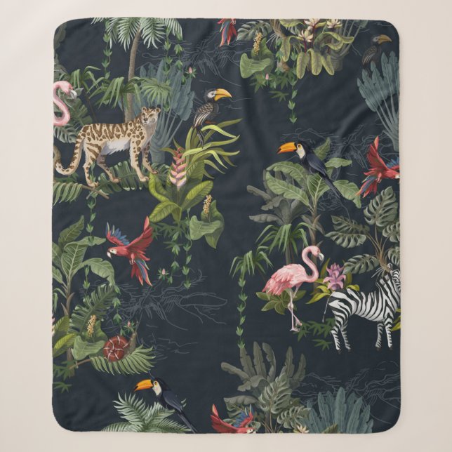 Seamless pattern with jungle animals, flowers and  sherpa blanket (Front)