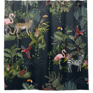 Seamless pattern with jungle animals, flowers and  shower curtain