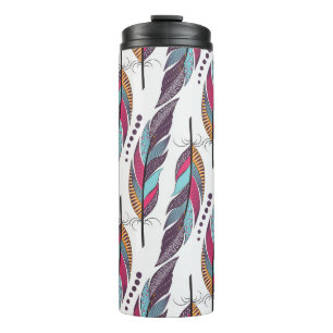 Seamless pattern with large colored feathers and d thermal tumbler