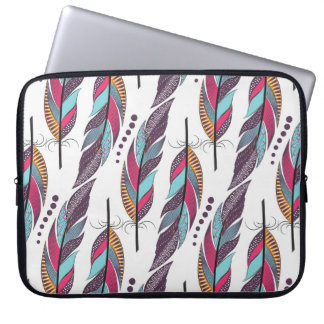 Seamless pattern with large coloured feathers and  laptop sleeve