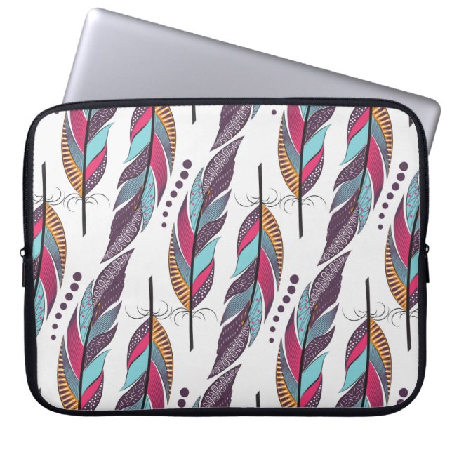 Seamless pattern with large coloured feathers and  laptop sleeve (Front)