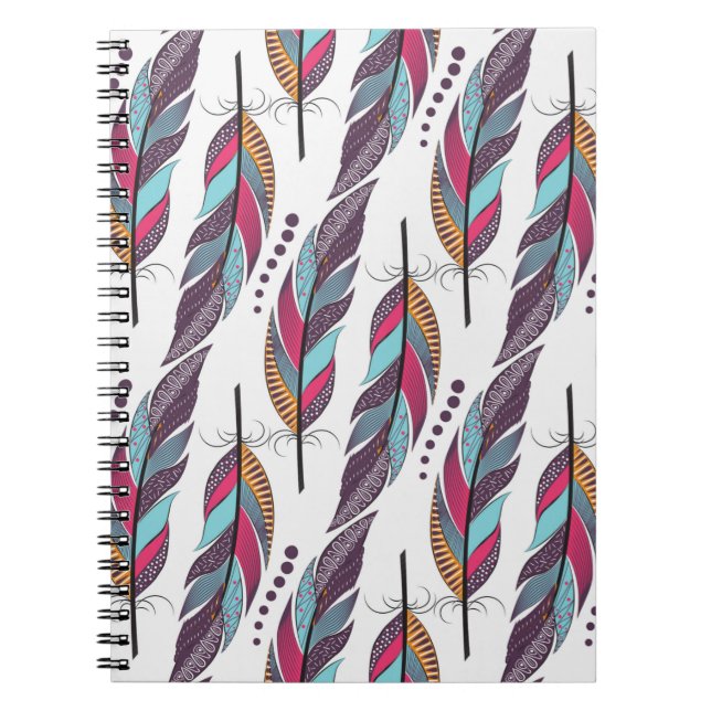 Seamless pattern with large coloured feathers and  notebook (Front)