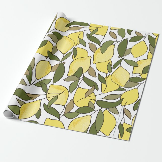 Seamless pattern with lemons and leaves wrapping paper (Unrolled)