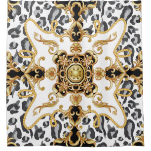 Seamless pattern with leopard skin and golden baro shower curtain