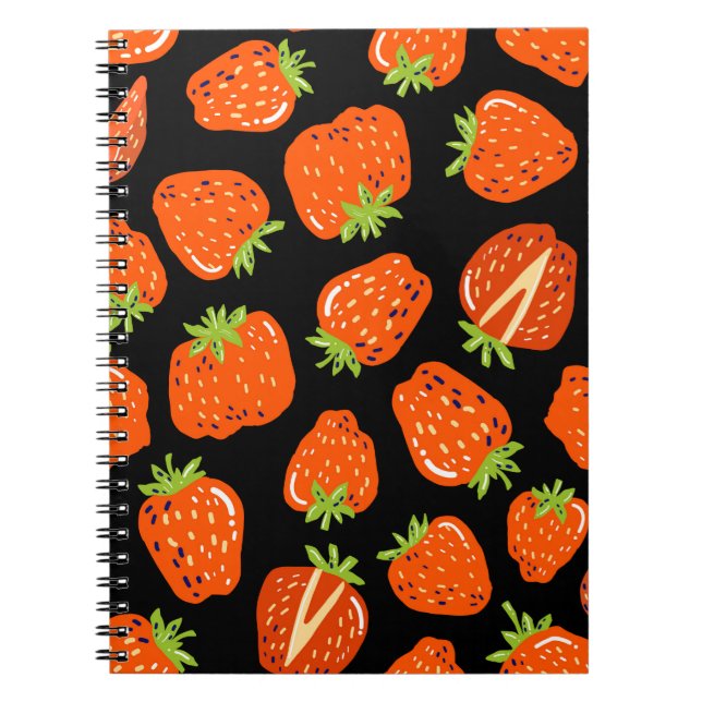 Seamless pattern with little strawberries on black notebook (Front)