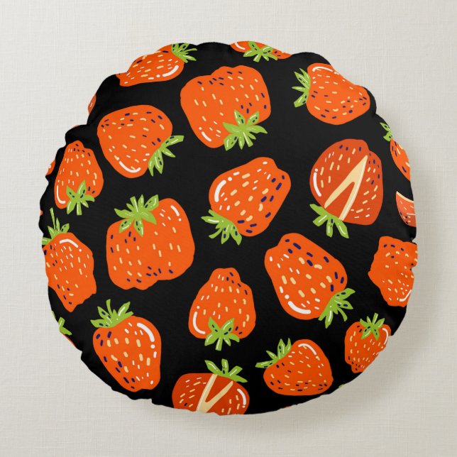 Seamless pattern with little strawberries on black round cushion (Front)