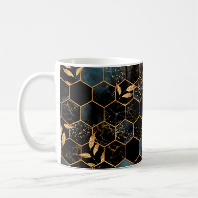 Seamless pattern with marble hexagon and golden le coffee mug (Left)