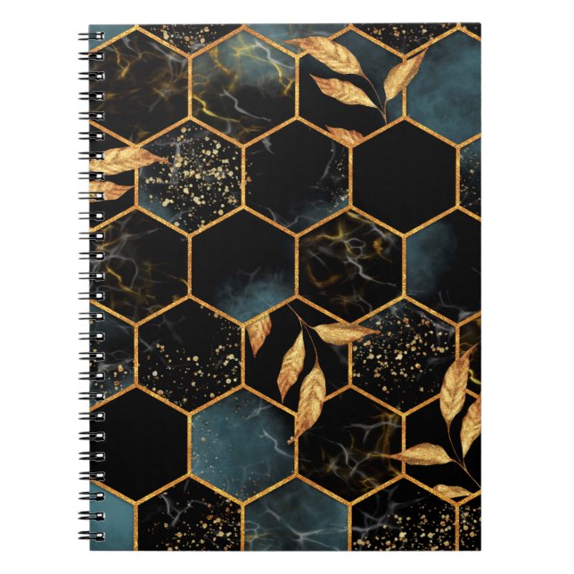 Seamless pattern with marble hexagon and golden le notebook (Front)