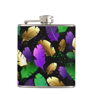 Seamless Pattern with Mardi Gras feathers Hip Flask