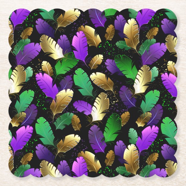 Seamless Pattern with Mardi Gras feathers Paper Coaster (Front)