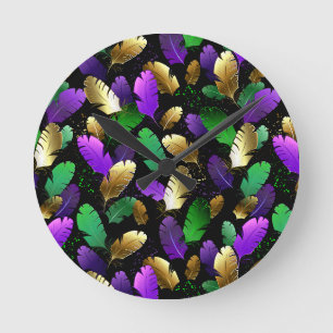 Seamless Pattern with Mardi Gras feathers Round Clock
