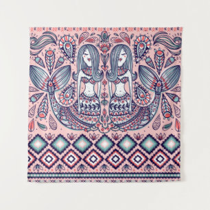 seamless pattern with mermaids and folk elements tapestry