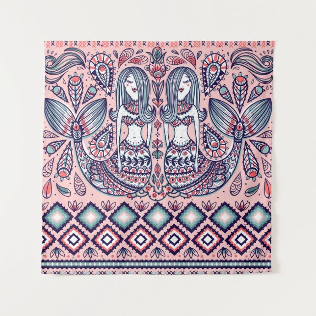 seamless pattern with mermaids and folk elements tapestry (Front)