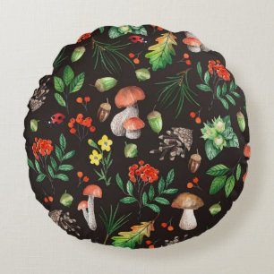 Seamless pattern with mushrooms,nuts,leaves,acorns round cushion