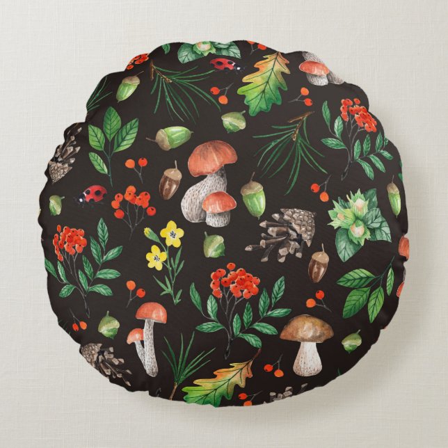 Seamless pattern with mushrooms,nuts,leaves,acorns round cushion (Front)