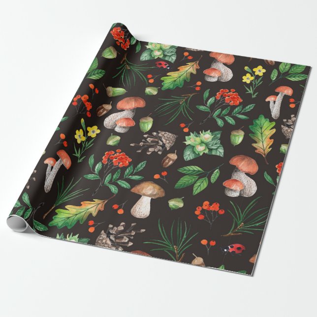 Seamless pattern with mushrooms,nuts,leaves,acorns wrapping paper (Unrolled)
