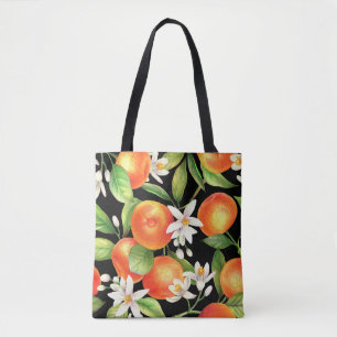 Seamless pattern with orange fruits, flowers and l tote bag