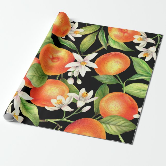 Seamless pattern with orange fruits, flowers and l wrapping paper (Unrolled)