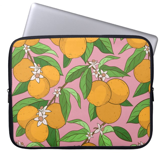 Seamless pattern with oranges,leaves,white flowers laptop sleeve (Front)