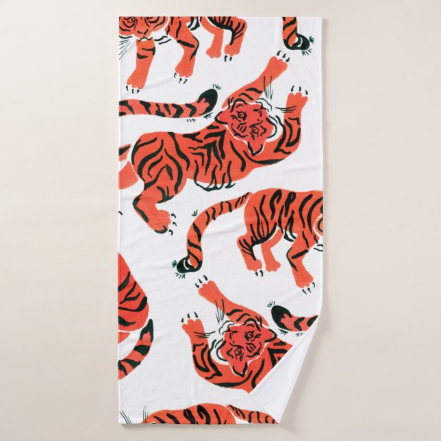 Seamless pattern with painted in gouache tigers in bath towel (Bath Towel)
