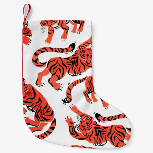 Seamless pattern with painted in gouache tigers in small christmas stocking (Front)