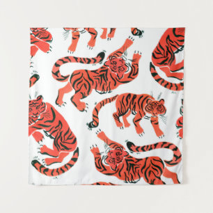 Seamless pattern with painted in gouache tigers in tapestry