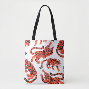 Seamless pattern with painted in gouache tigers in tote bag