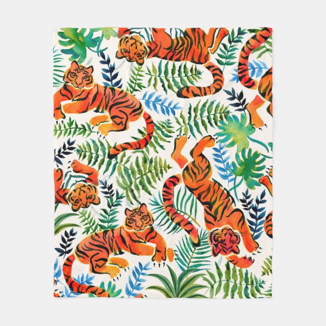 Seamless pattern with painted in watercolor tigers fleece blanket (Front)