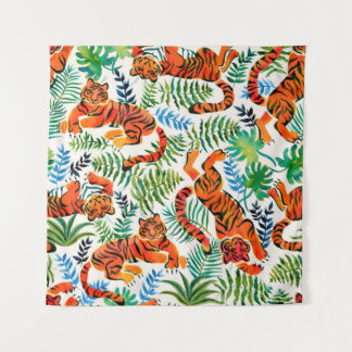 Seamless pattern with painted in watercolor tigers tapestry