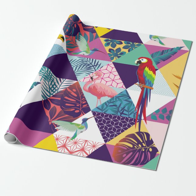 seamless pattern with Parrot, Toucans, Hummingbird Wrapping Paper (Unrolled)