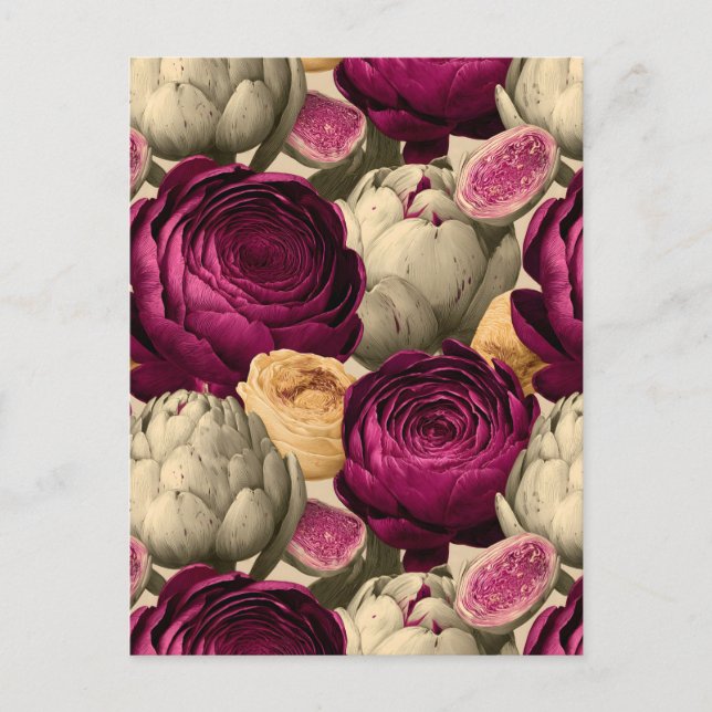 Seamless Pattern with Peonies and Artichokes Postcard (Front)