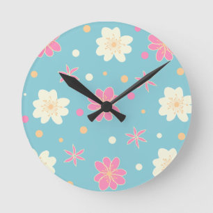  seamless pattern with pink and white flowers  round clock