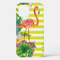 seamless pattern with pink flamingo and exotic tr
