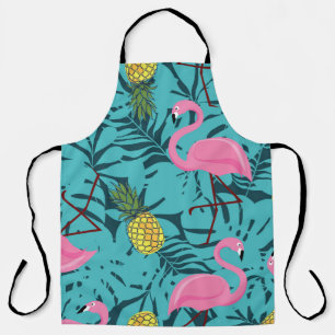 Seamless pattern with pink flamingos and green pal apron