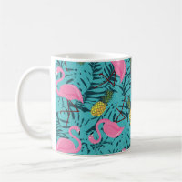 Seamless pattern with pink flamingos and green pal
