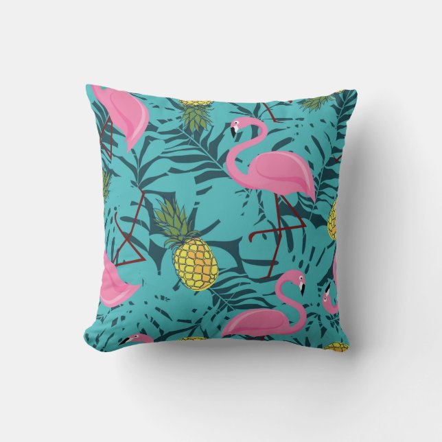 Seamless pattern with pink flamingos and green pal cushion (Front)