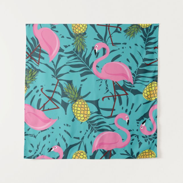 Seamless pattern with pink flamingos and green pal tapestry (Front)